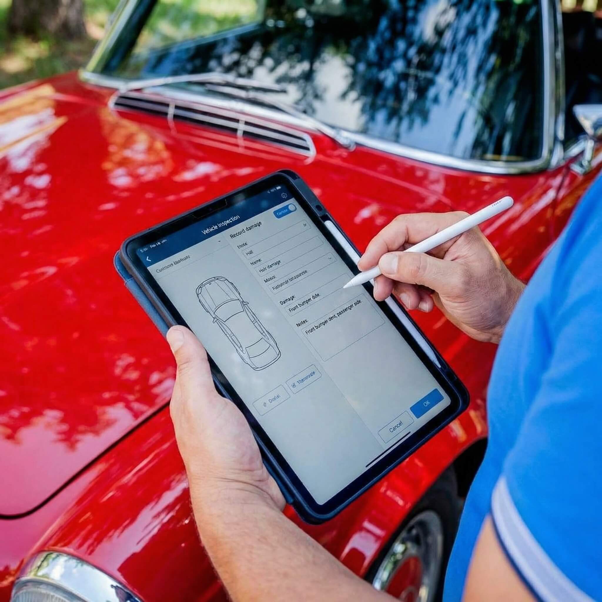 Neben einem roten Oldtimer prüft eine Person mit Tablet die Fahrzeug-Inspektionsapp für die schnelle Reparaturfreigabe an einem sonnigen Tag