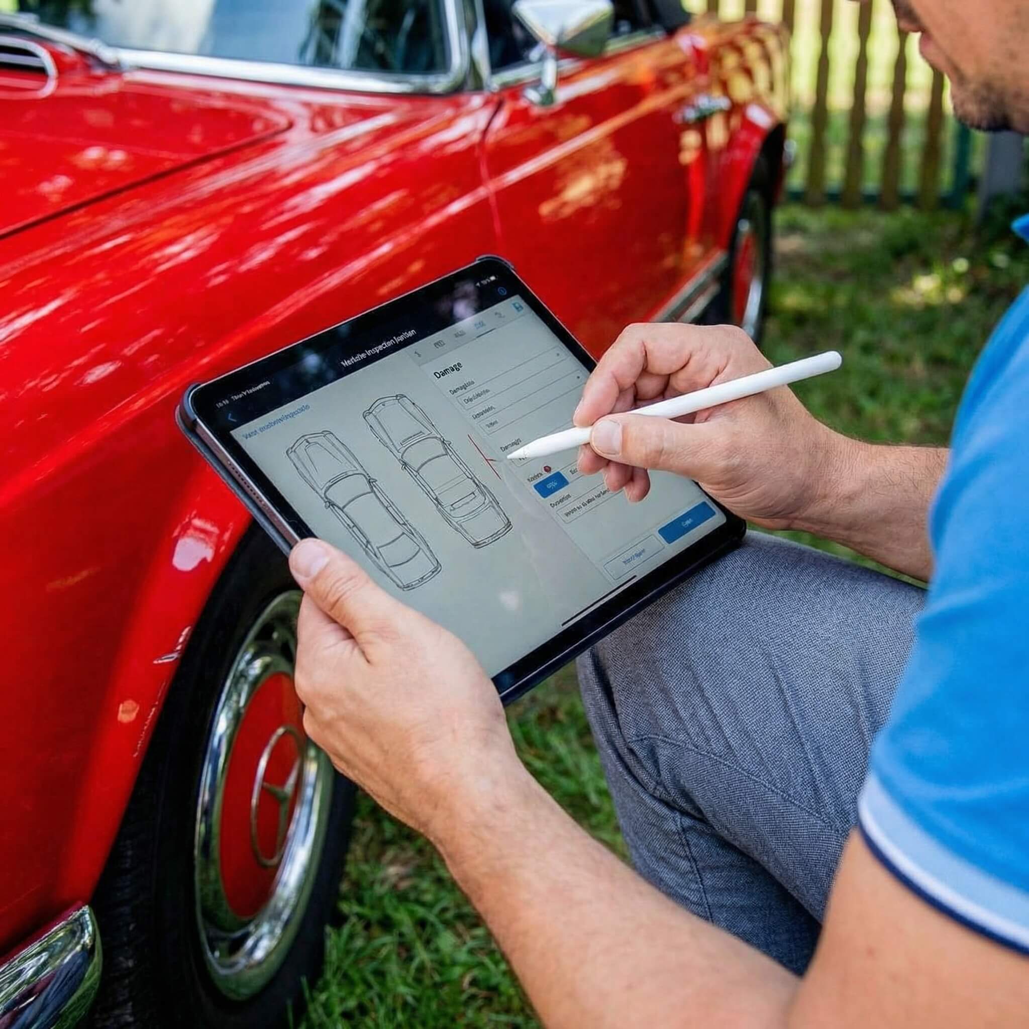 Eine Person prüft die Reparaturfreigabe mit einem Tablet und Stift, sitzt neben einem roten Mercedes-Benz Oldtimer
