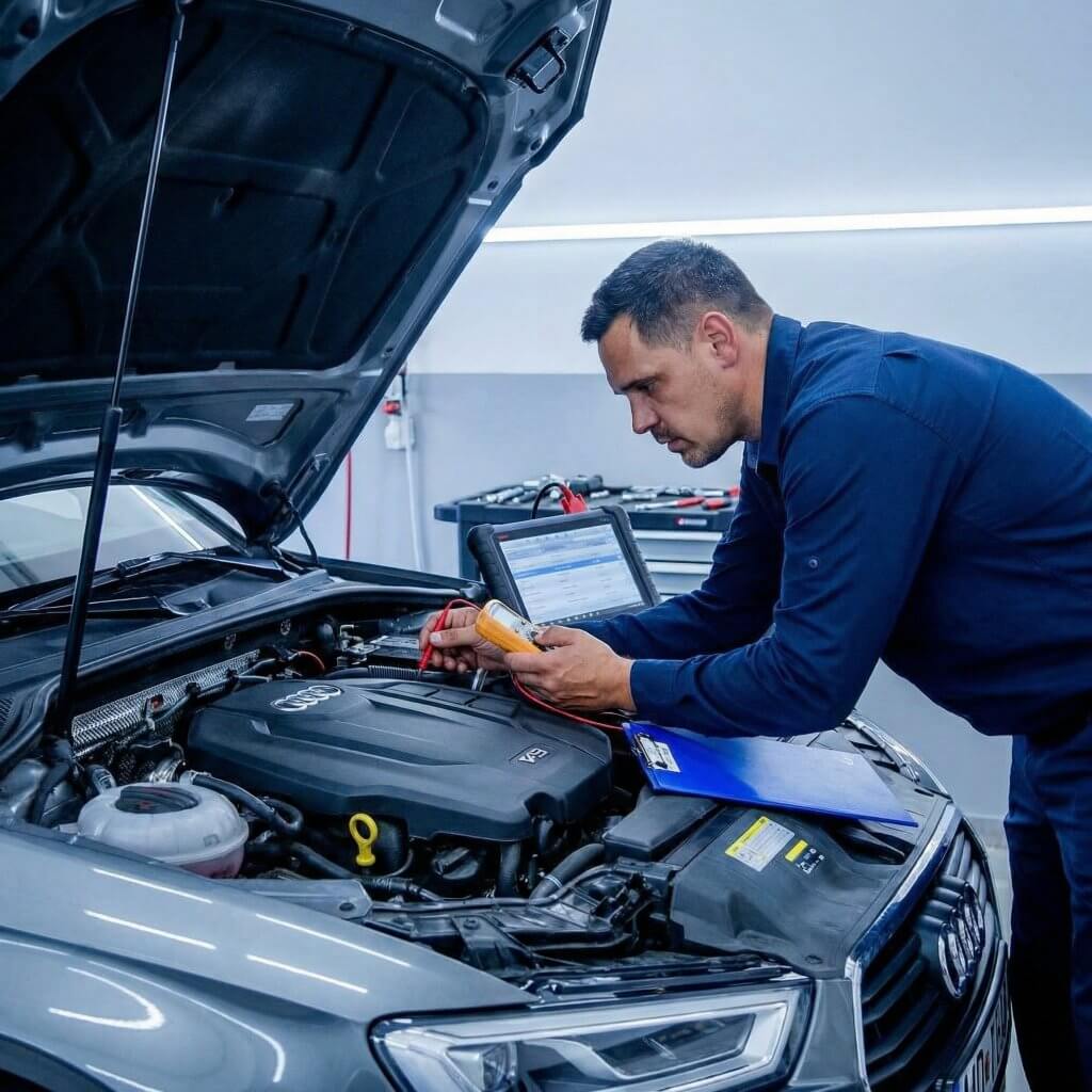 Ein Mechaniker prüft einen Auto-Motor in einer Werkstatt und dokumentiert mit Diagnosegeräten Schäden durch Transporter oder LKW